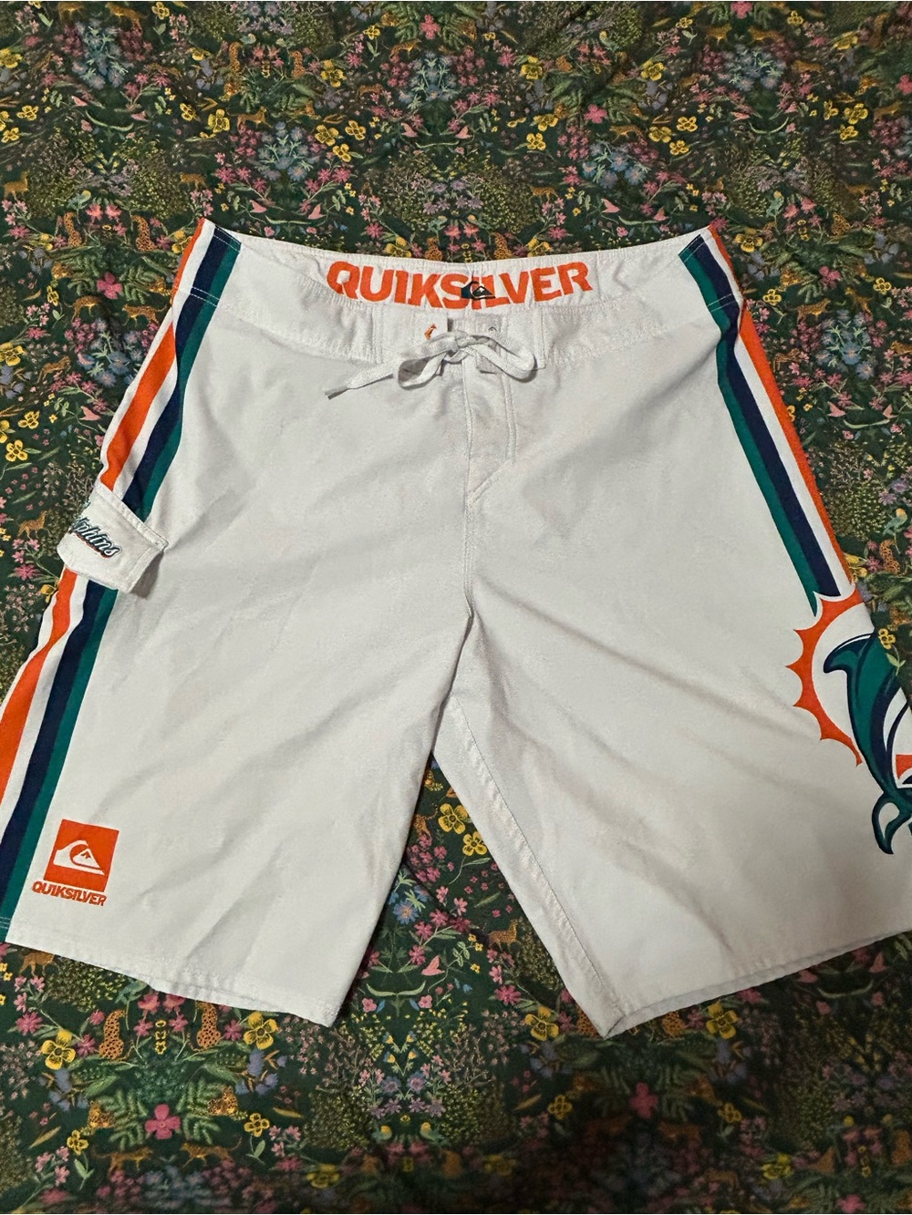 Quiksilver Men’s White Swim Board Shorts with Teal and Orange Accents